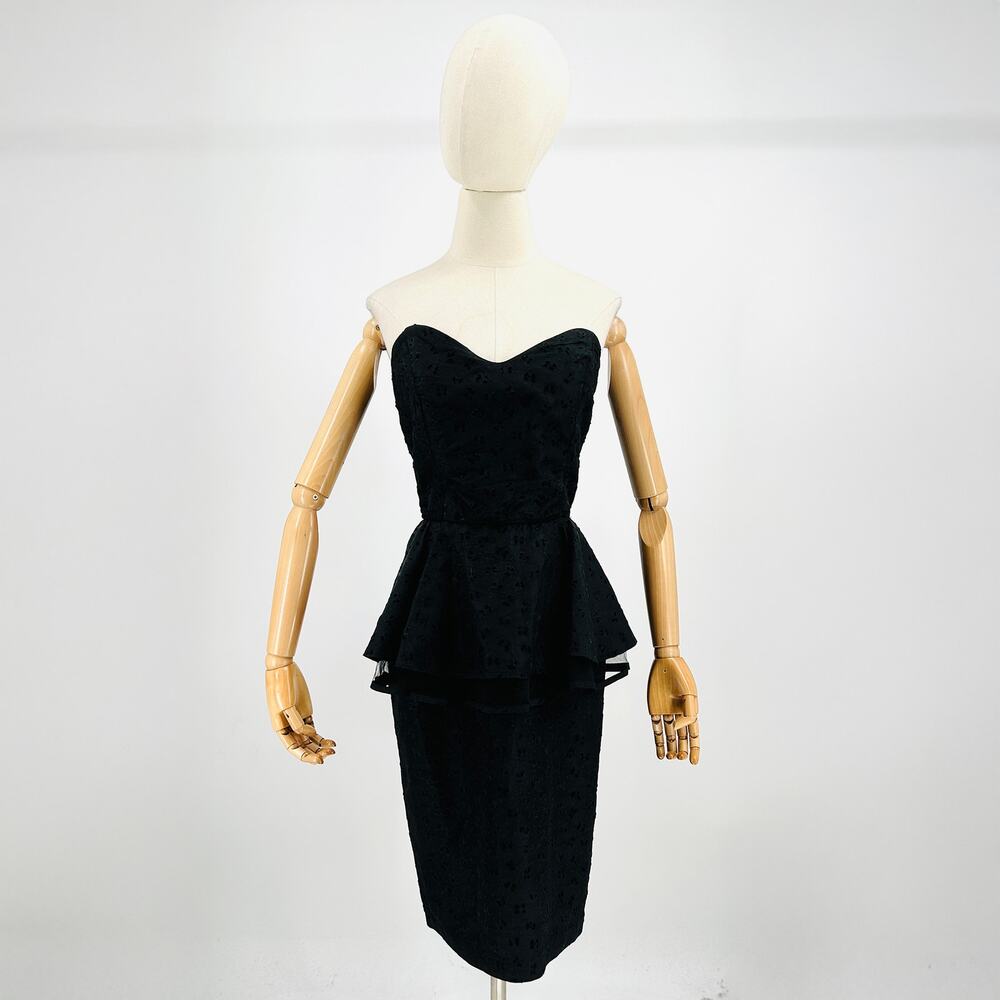 Vintage 60s Black Velvet Flocked Taffeta Strapless Peplum Dress